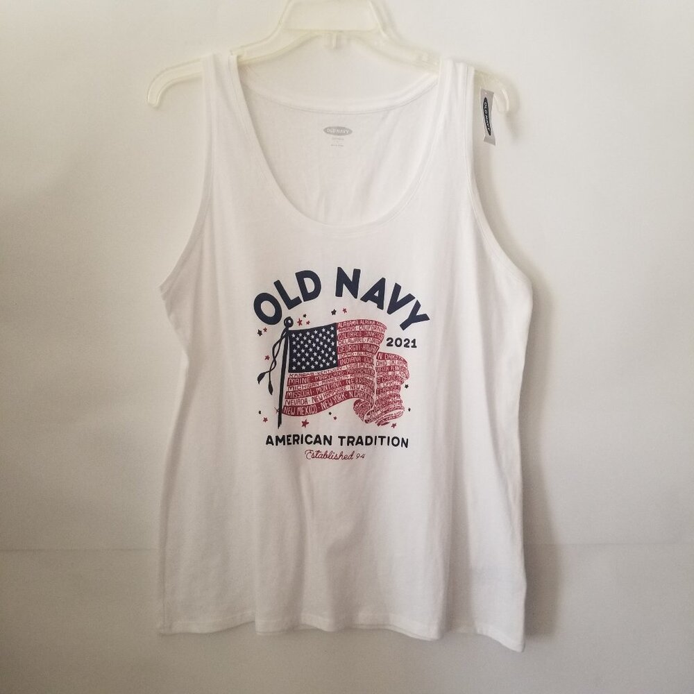 Old Navy Womens L White Tank Top Patriotic Forth of July Flag American Tradition